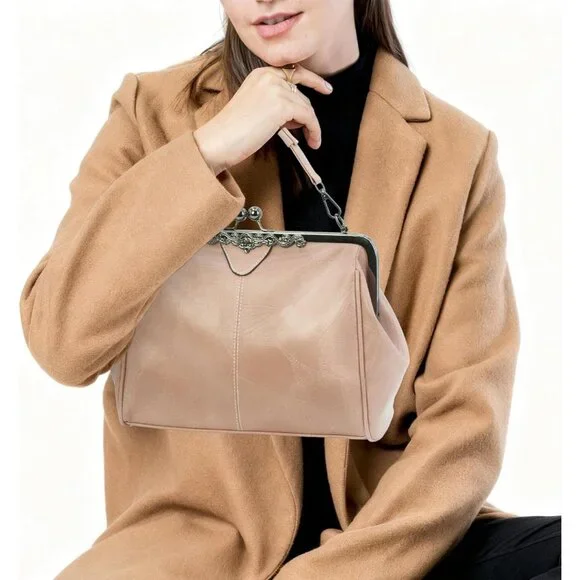 Women's Beige PinkVegan Leather Kiss Lock Satchel Evening Crossbody Clutch